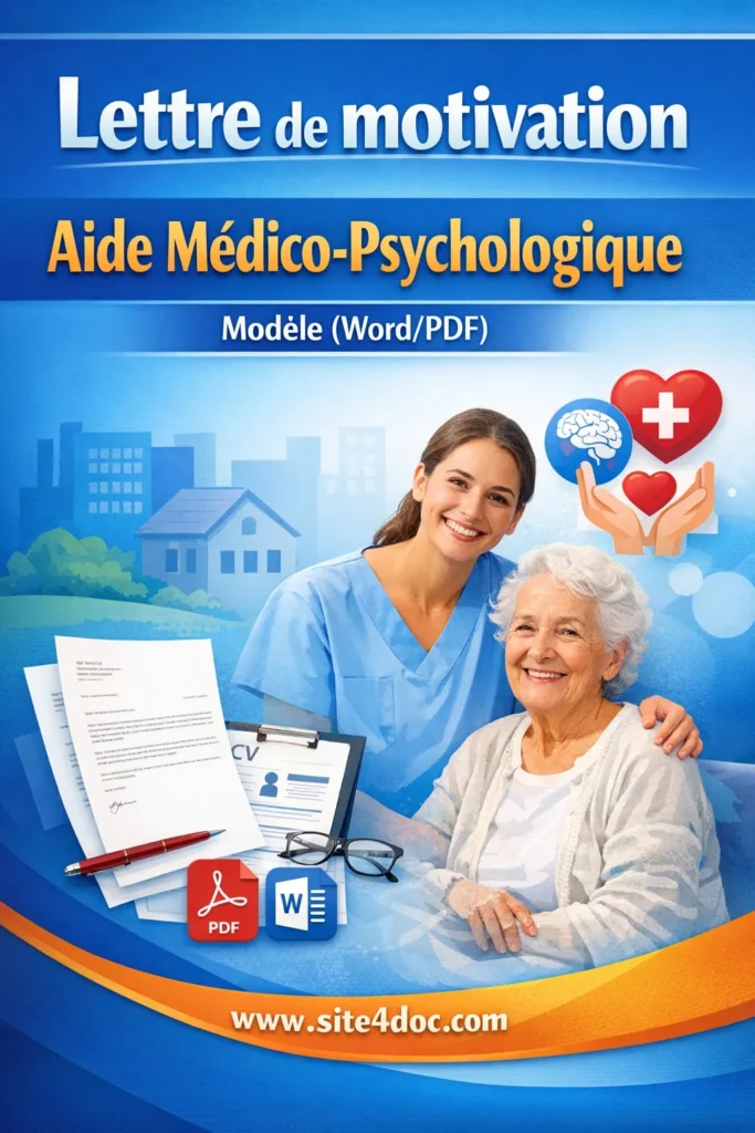Modèle de lettre de motivation Aide Médico-Psychologique prêt à télécharger en Word et PDF pour candidater dans le secteur du handicap.