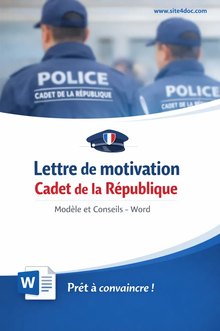 Contenu visuel illustrant un modèle prêt à télécharger de lettre de motivation pour le programme Cadet de la République avec conseils associés.