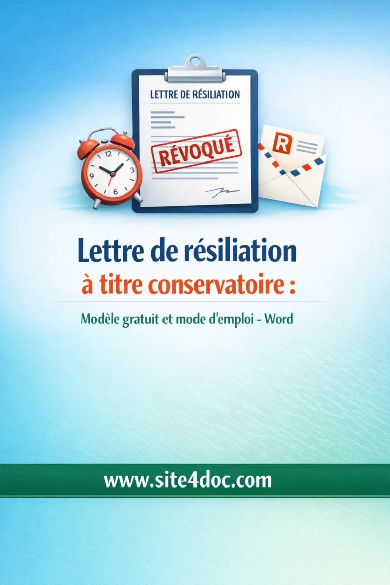 Illustration d’un document professionnel ouvert montrant un modèle de lettre de résiliation à titre conservatoire prêt à télécharger en format Word.