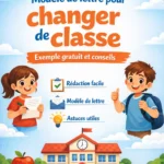 Illustration d’un modèle de lettre officiel pour une demande de changement de classe en milieu scolaire, accompagnée de conseils pratiques et d’un bouton de téléchargement Word.