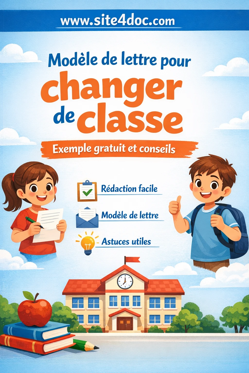 Illustration d’un modèle de lettre officiel pour une demande de changement de classe en milieu scolaire, accompagnée de conseils pratiques et d’un bouton de téléchargement Word.