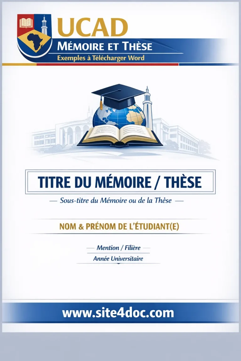 Illustration d'une page de garde UCAD professionnelle pour mémoire ou thèse, mettant en valeur le logo officiel et les informations académiques essentielles.