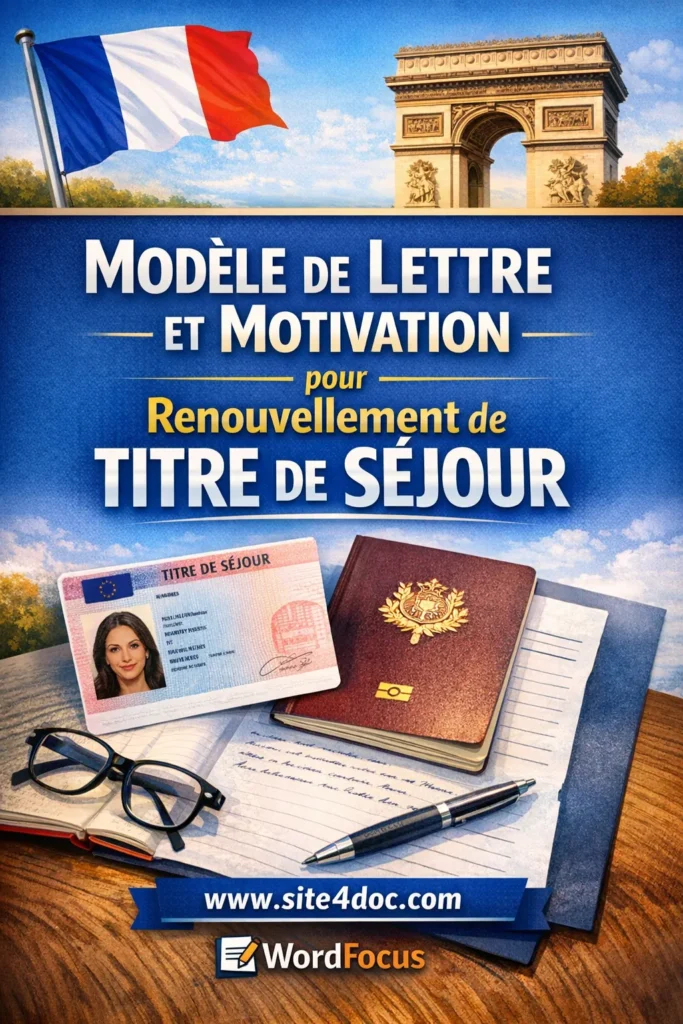 Image illustrative d’un document administratif français avec un ordinateur portable et une lettre de motivation pour titre de séjour.