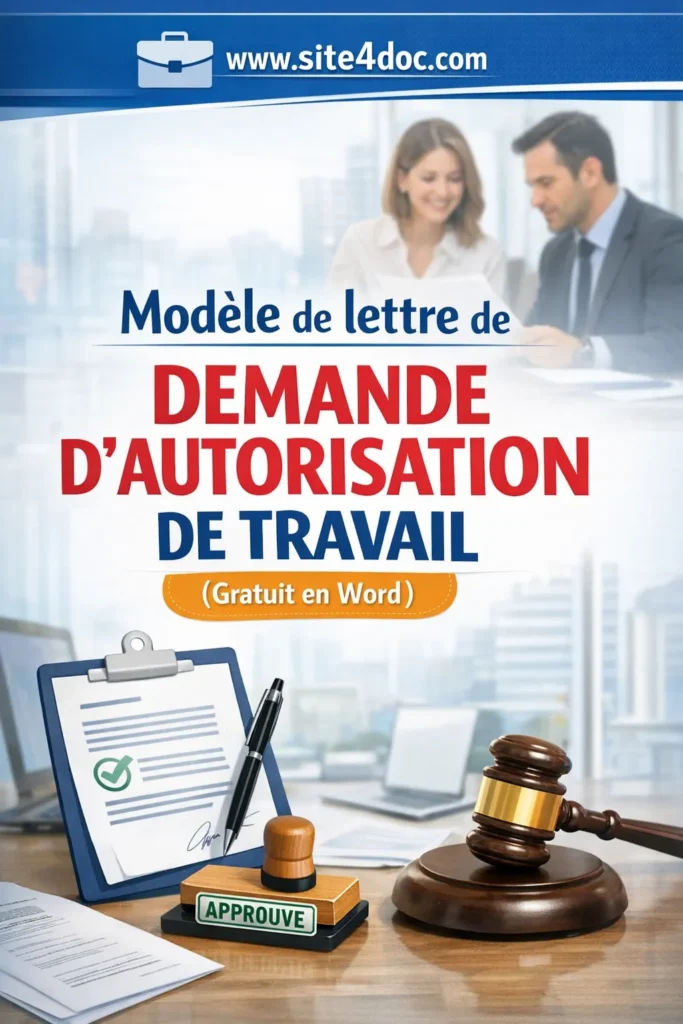 Illustration d'un dossier administratif comprenant un modèle de lettre de demande d'autorisation de travail sur un bureau professionnel.
