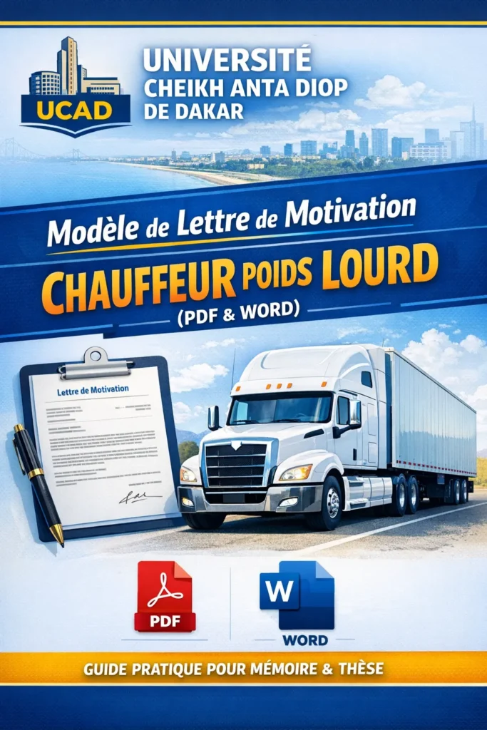 Image illustrant un modèle de lettre de motivation pour chauffeur poids lourd avec options de téléchargement en PDF et Word