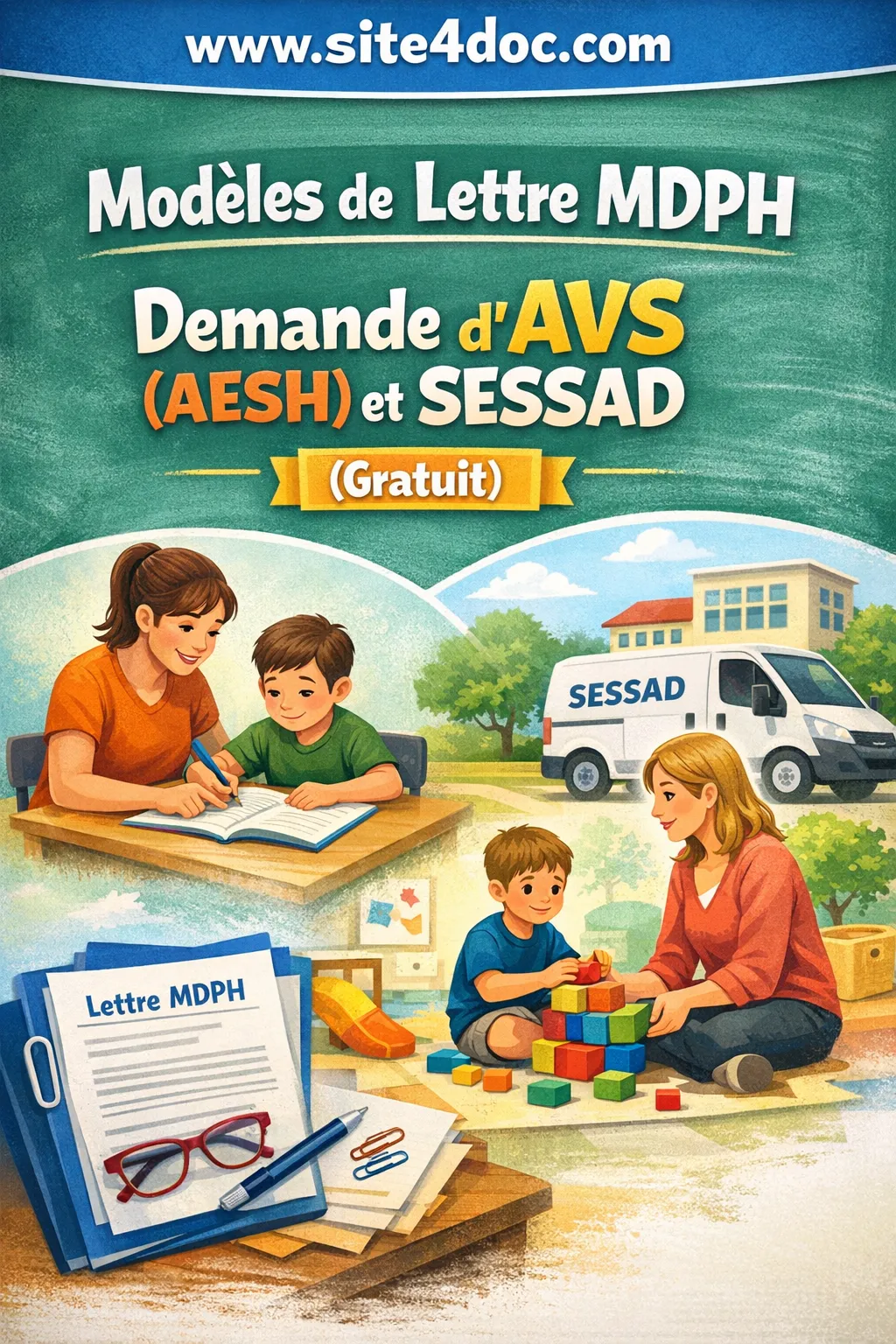 Parent rédigeant une lettre de demande d’accompagnement scolaire et médico-social auprès de la MDPH pour son enfant.