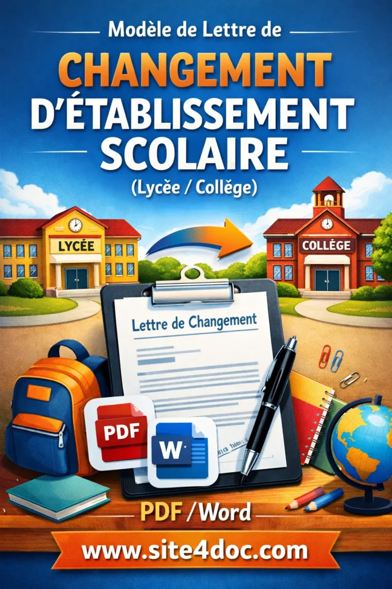 Modèle de Lettre de Changement d'Établissement Scolaire (Lycée/Collège) PDF/Word 1 Image illustrant un modèle de lettre de changement d'établissement scolaire avec un stylo, des documents officiels et un ordinateur portable affichant le téléchargement PDF et Word.