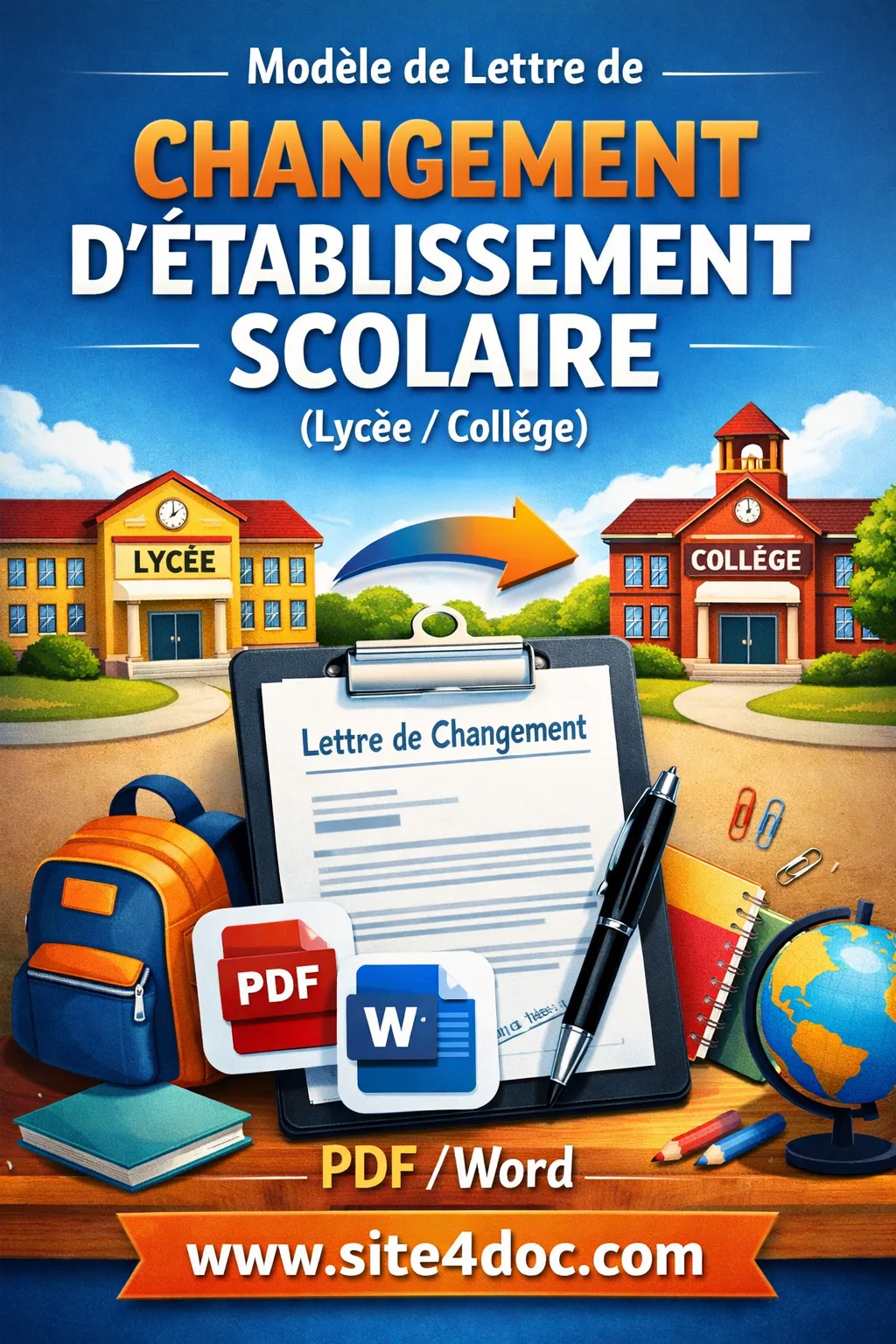 Image illustrant un modèle de lettre de changement d'établissement scolaire avec un stylo, des documents officiels et un ordinateur portable affichant le téléchargement PDF et Word.