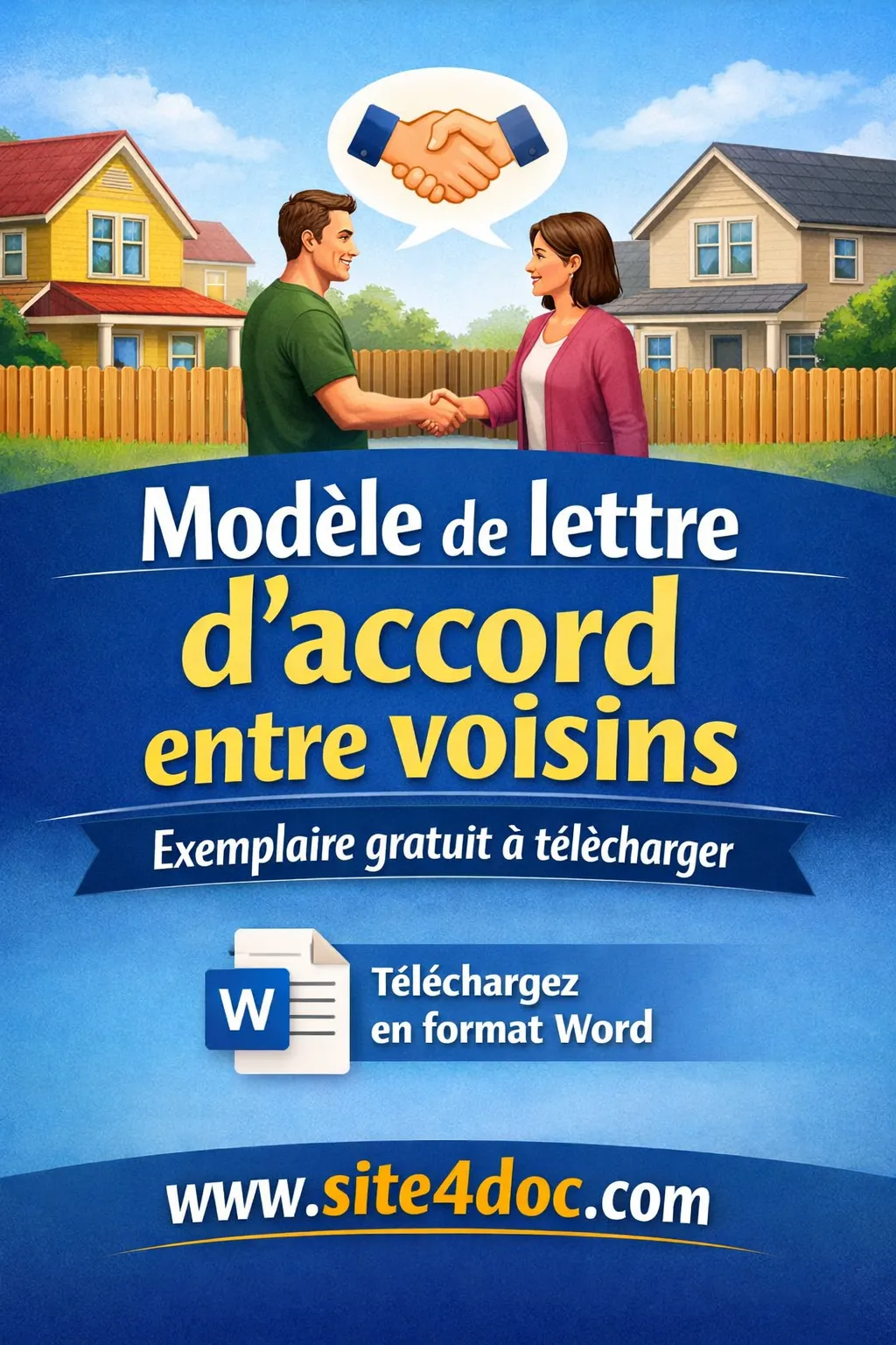 "Image illustrant un modèle de lettre d'accord entre voisins avec un document Word ouvert sur un bureau, entouré d'éléments symbolisant des maisons mitoyennes et une poignée de main amicale.