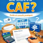Personne assise à un bureau rédigeant une lettre administrative à la main, entourée de documents et d'une enveloppe, dans une ambiance organisée et sereine.