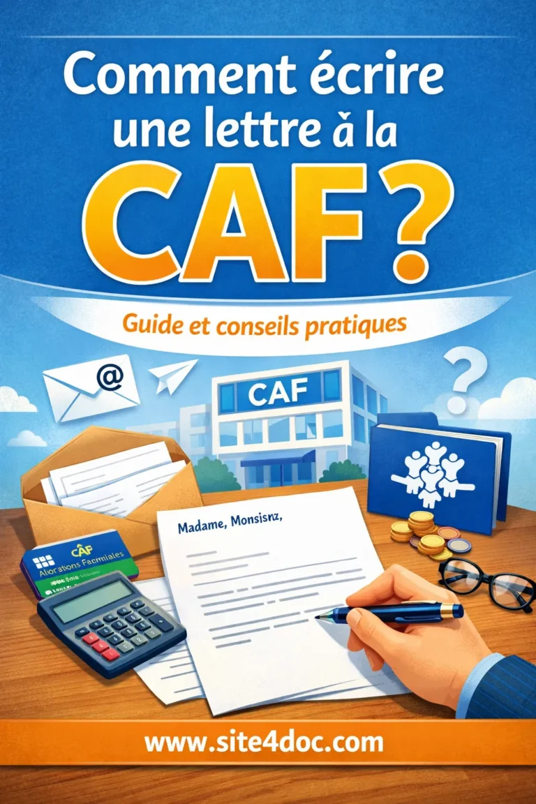 Personne assise à un bureau rédigeant une lettre administrative à la main, entourée de documents et d'une enveloppe, dans une ambiance organisée et sereine.