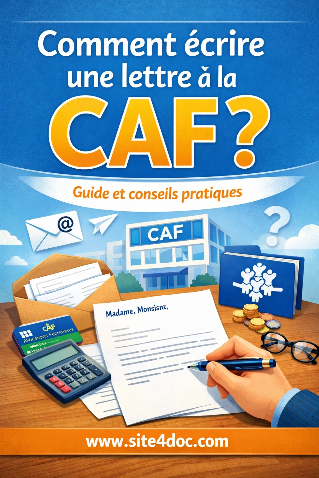 Personne assise à un bureau rédigeant une lettre administrative à la main, entourée de documents et d'une enveloppe, dans une ambiance organisée et sereine.
