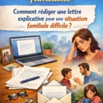 Une image illustrative représentant un bureau calme avec une feuille de papier, une plume ou un ordinateur portable ouvert sur une lettre, dans des tons apaisants (bleu clair et beige), évoquant réflexion et communication sereine.
