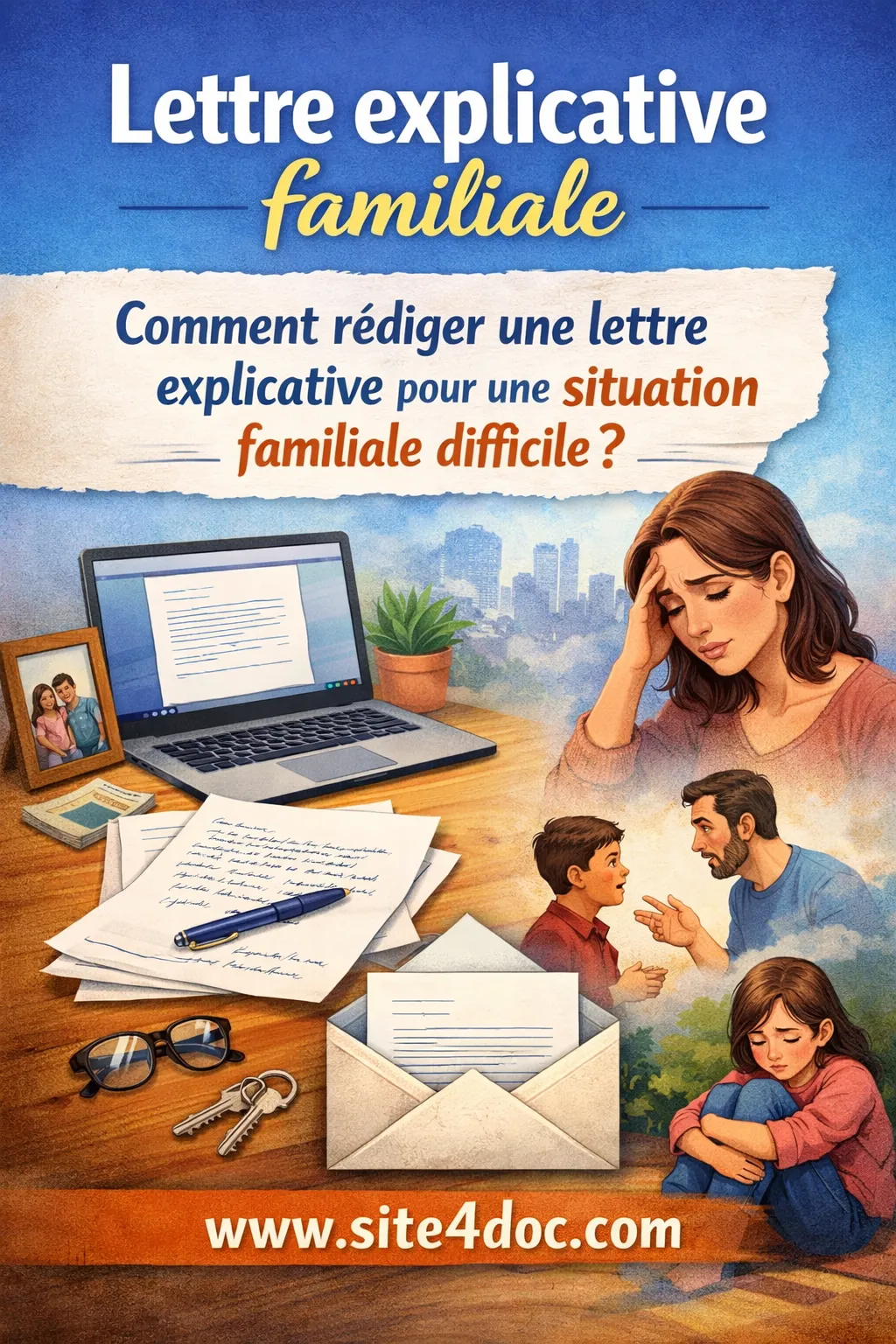 Une image illustrative représentant un bureau calme avec une feuille de papier, une plume ou un ordinateur portable ouvert sur une lettre, dans des tons apaisants (bleu clair et beige), évoquant réflexion et communication sereine.