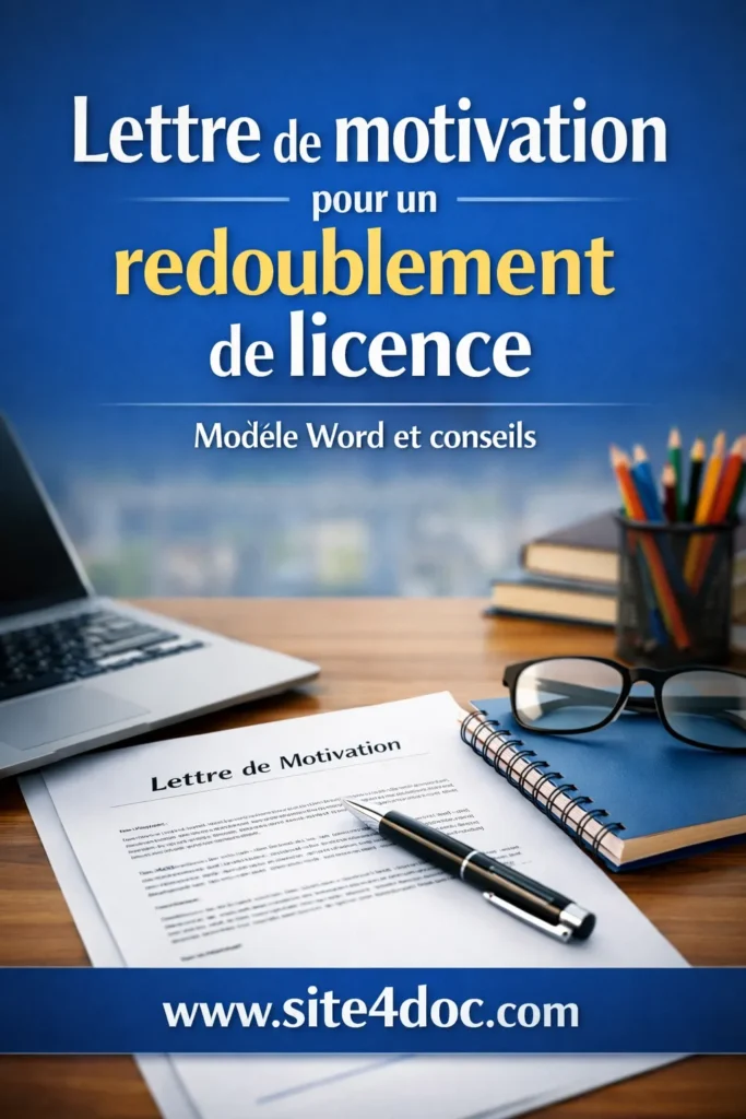 Illustration d’une lettre de motivation pour redoublement de licence avec modèle Word : étudiant concentré devant son ordinateur pour réussir sa demande universitaire. Image illustrative représentant un étudiant motivé rédigeant une lettre de motivation sur un ordinateur portable, avec en arrière-plan des documents universitaires et un modèle Word ouvert, symbolisant la préparation réussie d’une candidature pour redoublement de licence à l’université.