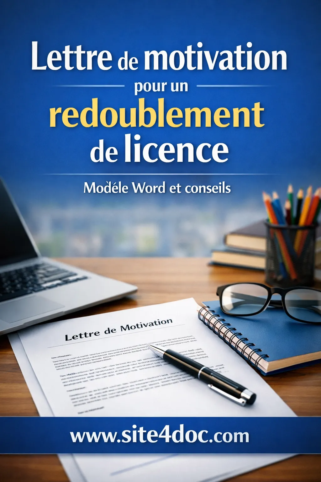 Image illustrative représentant un étudiant motivé rédigeant une lettre de motivation sur un ordinateur portable, avec en arrière-plan des documents universitaires et un modèle Word ouvert, symbolisant la préparation réussie d’une candidature pour redoublement de licence à l’université.