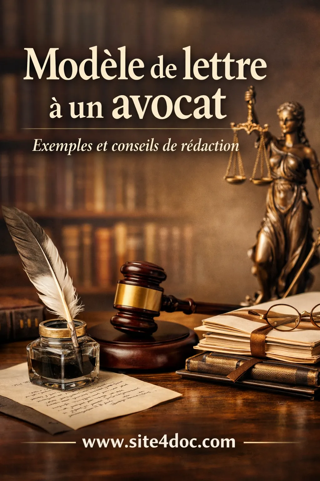 Image illustrant un modèle de lettre professionnelle adressée à un avocat, avec mise en page claire sur fond sobre et éléments juridiques.