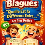 Couverture humoristique pour “100 Blagues Quelle Est la Différence Entre…” avec bulles de dialogue colorées, personnages cartoon qui rient, livre ouvert rempli de blagues et logo www.site4doc.com.