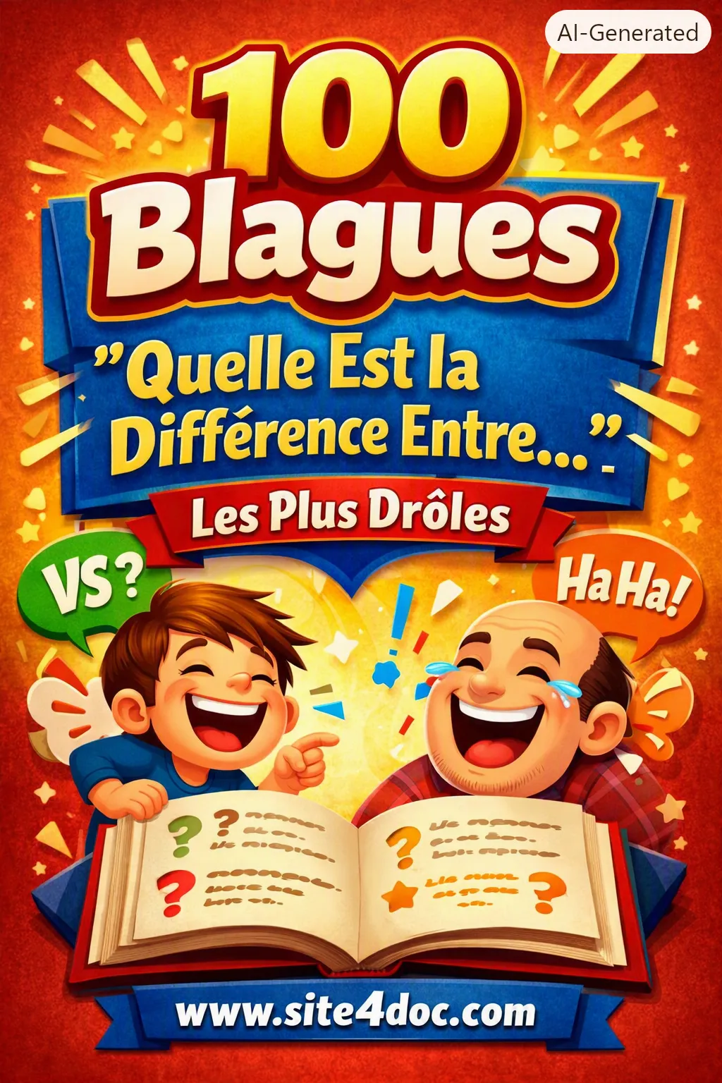 Couverture humoristique pour “100 Blagues Quelle Est la Différence Entre…” avec bulles de dialogue colorées, personnages cartoon qui rient, livre ouvert rempli de blagues et logo www.site4doc.com.