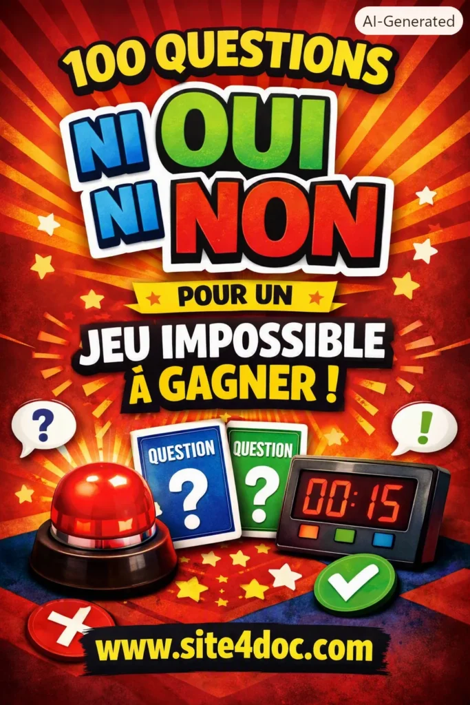 100 Questions Ni Oui Ni Non – Jeu Impossible à Gagner – site4doc.com Couverture illustrative pour “100 Questions Ni Oui Ni Non pour un Jeu Impossible à Gagner” avec buzzer rouge, cartes de questions colorées, chronomètre et logo www.site4doc.com.