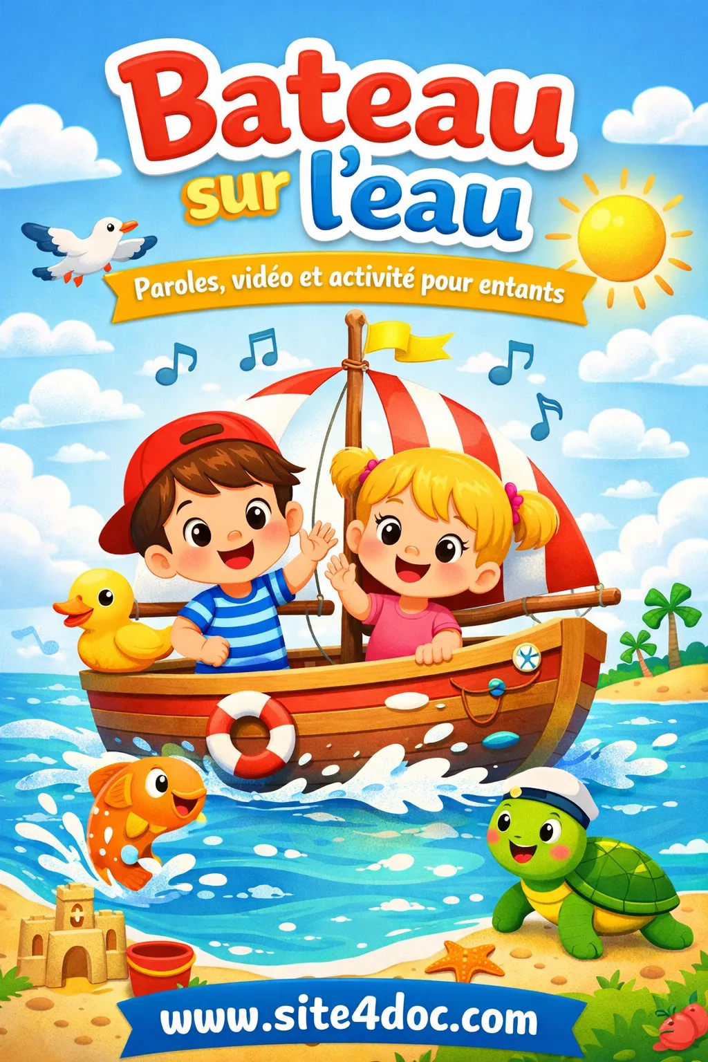 illustration d'un petit bateau en papier flottant sur une rivière, style doux et coloré adapté à la petite enfance — alt text : "comptine bateau sur l'eau pour enfants"