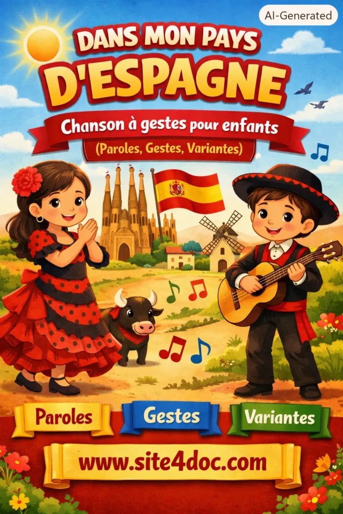Dans mon pays d’Espagne : chanson à gestes pour enfants – www.site4doc.com Couverture attrayante pour la chanson “Dans mon pays d’Espagne” – paroles, gestes et variantes pour enfants – www.site4doc.com