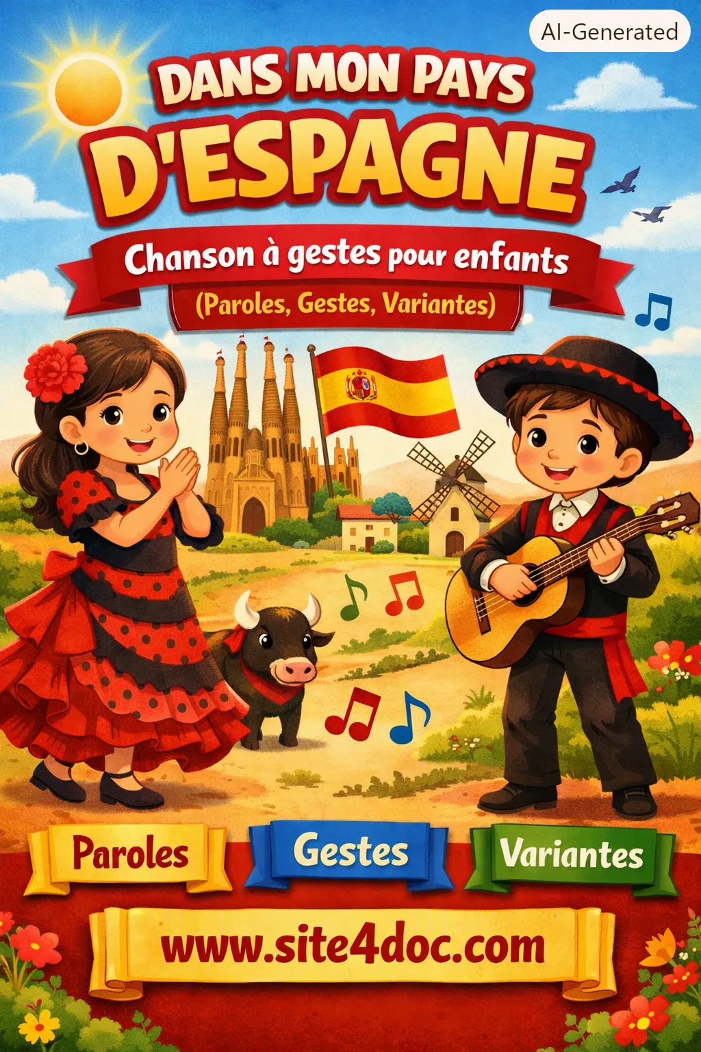 Couverture attrayante pour la chanson “Dans mon pays d’Espagne” – paroles, gestes et variantes pour enfants – www.site4doc.com