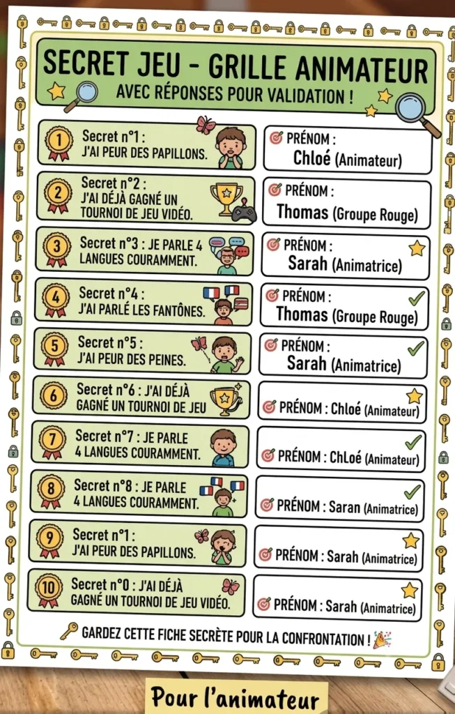Grille des Secrets &ndash; Version Animateur (Avec R&eacute;ponses)