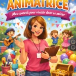 Animatrice souriante entourée d’enfants en activité, illustration colorée du métier d’animation avec titre Je suis animatrice et URL www.site4doc.com