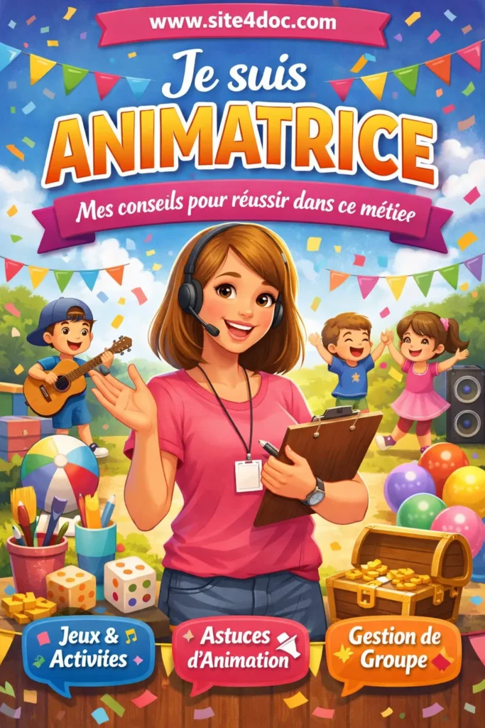Animatrice souriante entourée d’enfants en activité, illustration colorée du métier d’animation avec titre Je suis animatrice et URL www.site4doc.com