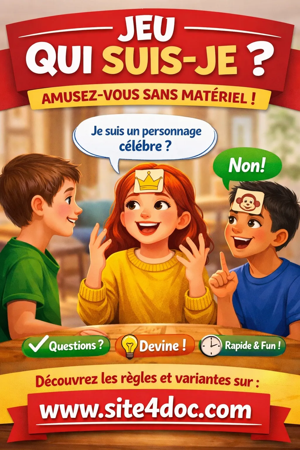 Enfants jouant au jeu Qui suis‑je, activité ludique sans matériel – www.site4doc.com