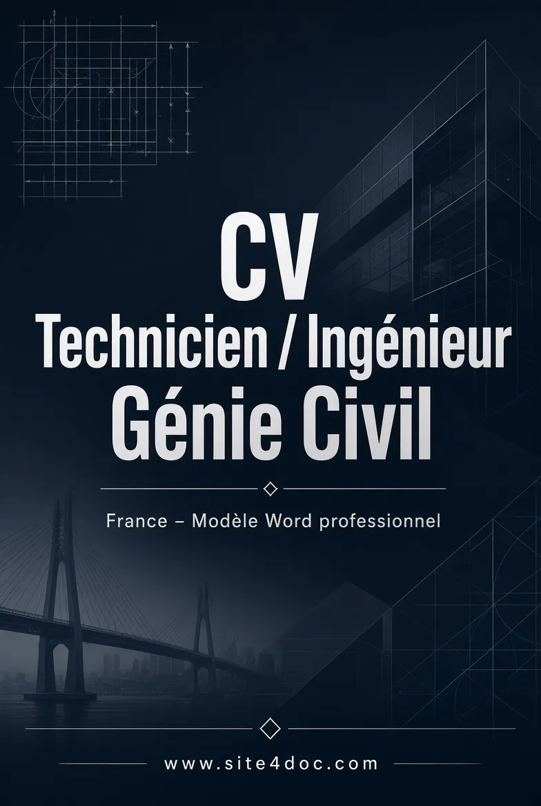 Couverture CV Word technicien ingénieur génie civil France - Modèle professionnel téléchargeable sur site4doc.com