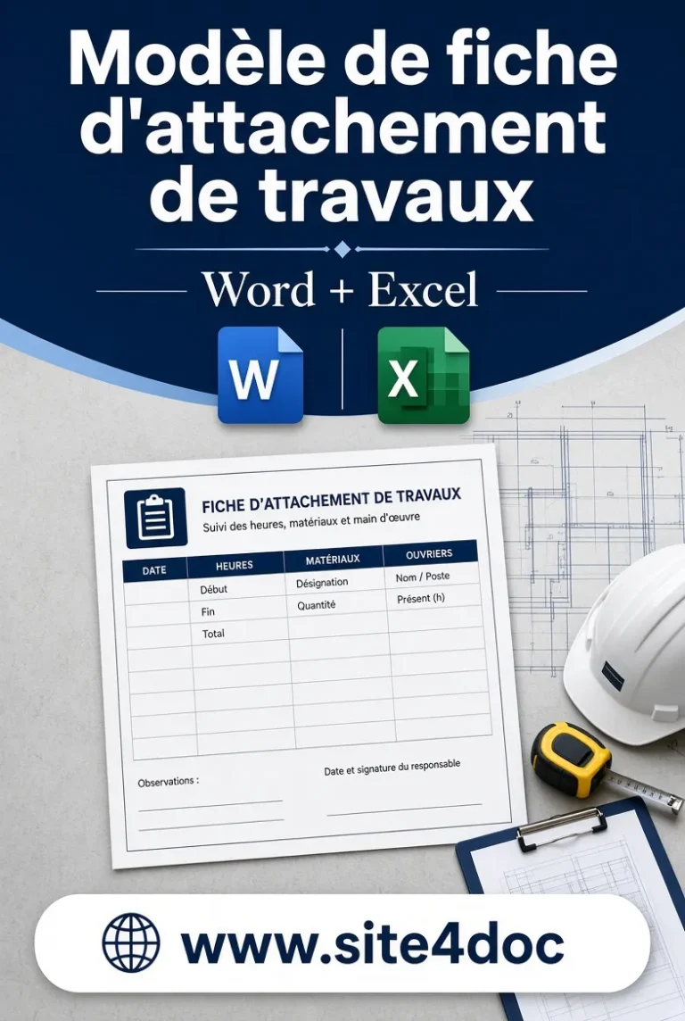Modèle de fiche d'attachement de travaux Word et Excel 1 Modèle gratuit de fiche d'attachement de travaux au format Word et Excel – suivi des heures, matériaux et interventions sur chantier