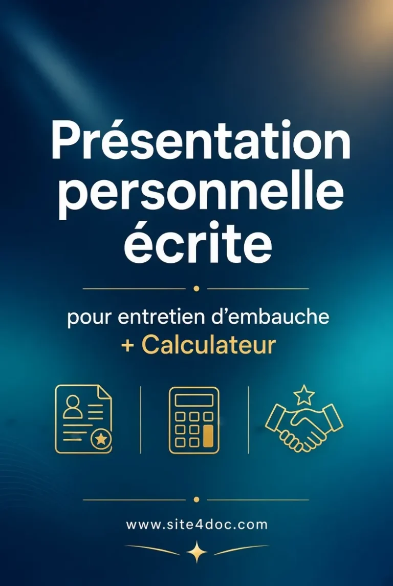 Présentation personnelle écrite pour entretien d’embauche 2026 – Exemples + Méthode 1 Couverture Présentation personnelle écrite pour entretien d’embauche avec calculateur – site4doc.com