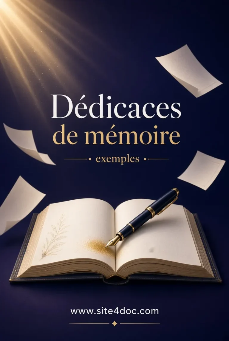 80 Dédicaces de Mémoire 2026 – Exemples classés par catégorie 1 Couverture élégante Dédicaces de mémoire - exemples avec livres ouverts, plume et décor académique sophistiqué - Site4Doc