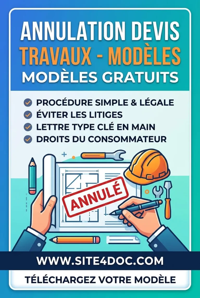 Lettre d'annulation de devis travaux 2026 – Modèle gratuit à copier + droits et délais 1 Couverte de l'article sur les modèles de lettre d'annulation de devis de travaux - Site4Doc.com