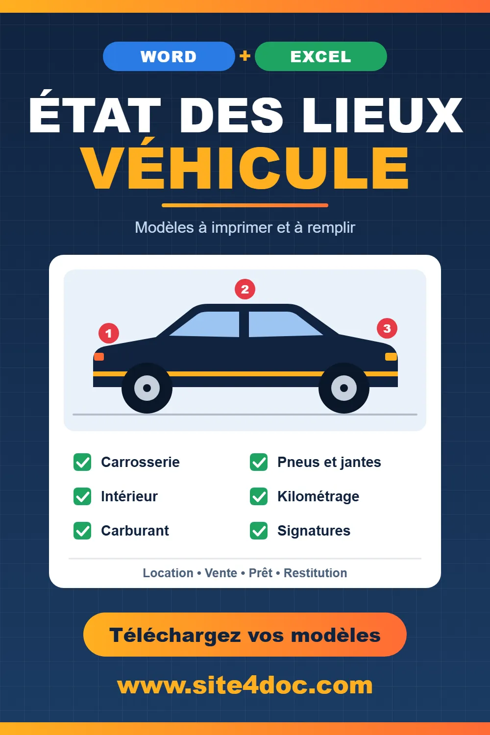 État des lieux véhicule : modèles Word et Excel à imprimer avec checklist carrosserie, pneus, intérieur, kilométrage, carburant et signatures, site4doc.com